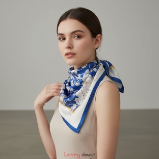 Silk scarf -Luna Bloom – Under the Moonlight, Beauty Awakens Navy 90x90cm